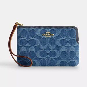 Coach Corner Zip Wristlet in Signature Denim & Leather